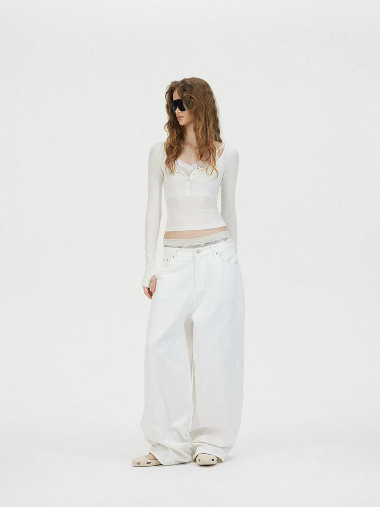 Faux Two-Piece Lace U-Neck Henley Layering Top