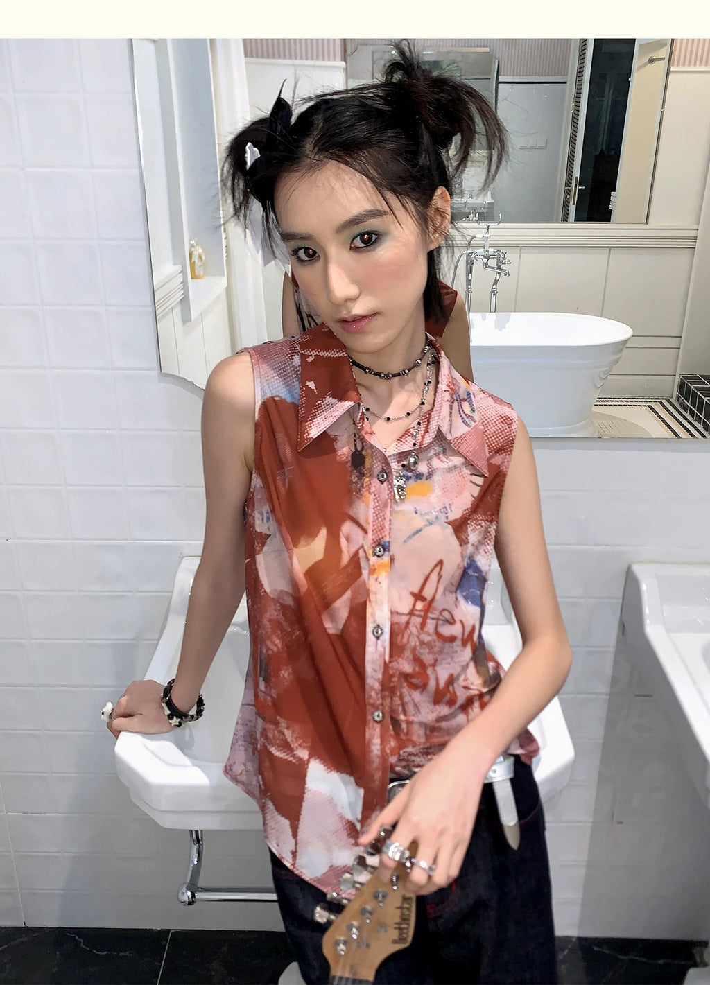 Distressed Sheer Portrait Print Sleeveless Shirt
