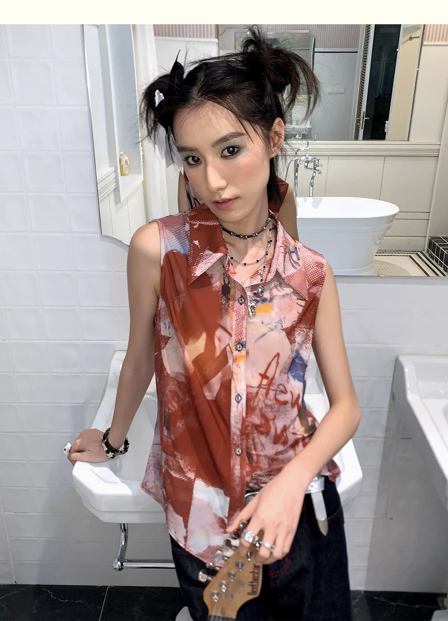 Distressed Sheer Portrait Print Sleeveless Shirt