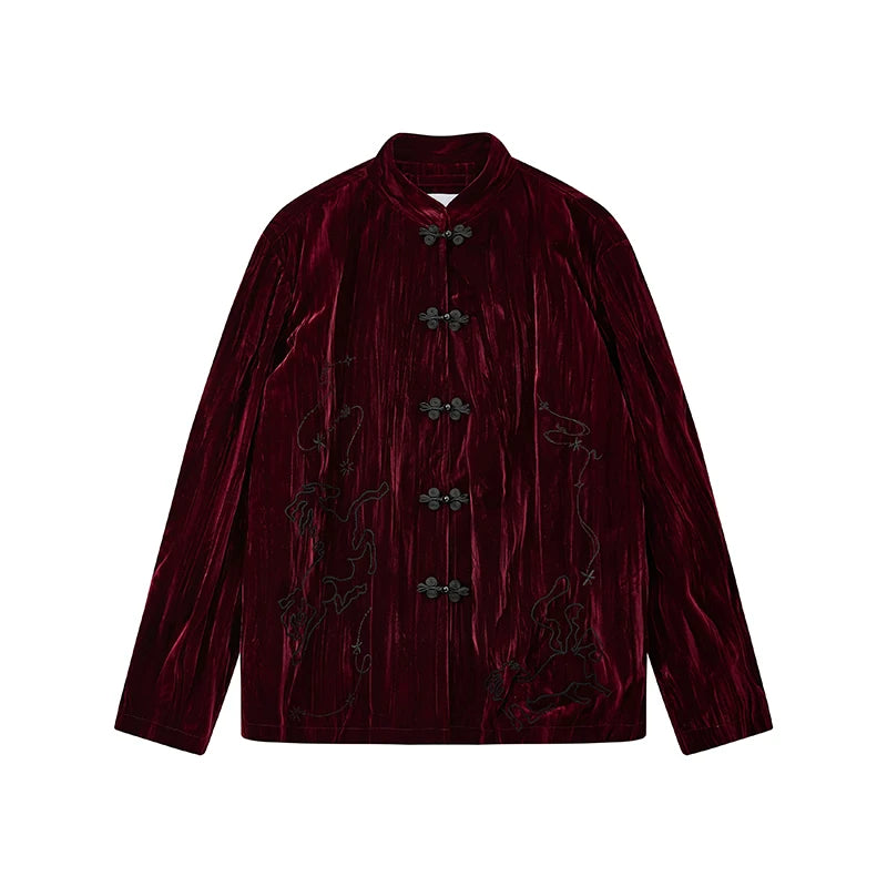 Year of the Horse Velvet Embroidered Chinese Frog Button Stand Collar Cardigan Jacket