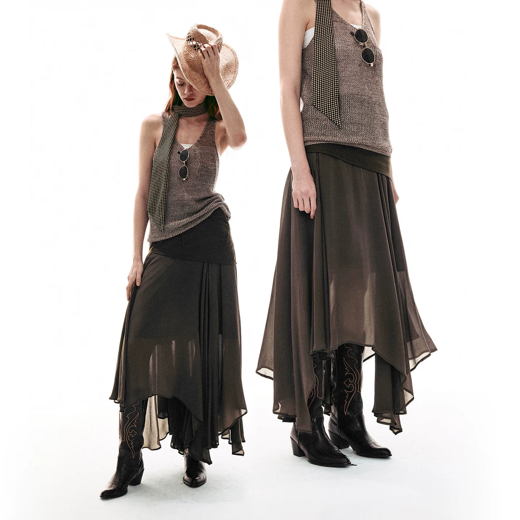 French-Inspired Faux Two-Piece Asymmetric Silk Skirt