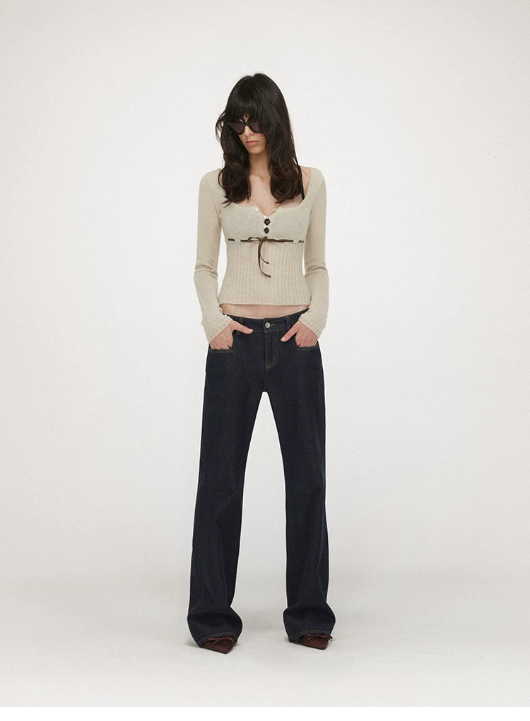 Velvet Tie U-Neck Half-Placket Fitted Knit Top