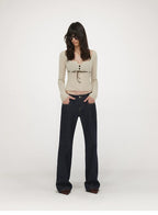 Velvet Tie U-Neck Half-Placket Fitted Knit Top