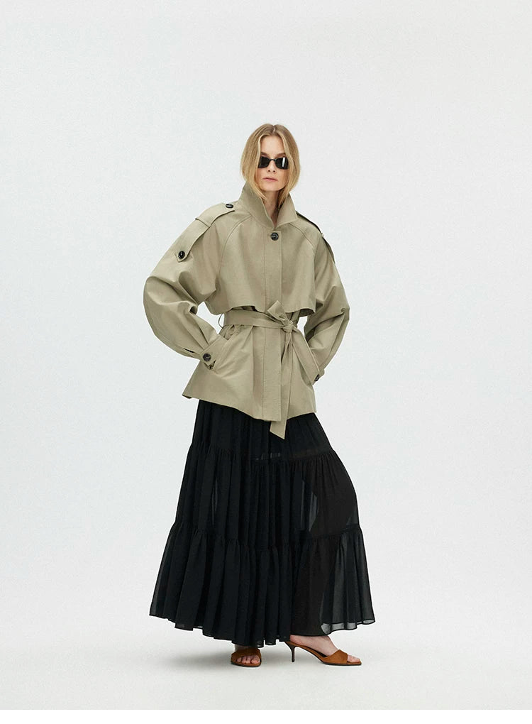 Cropped Trench Jacket with Curved Shoulders and Tie Detail