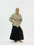 Cropped Trench Jacket with Curved Shoulders and Tie Detail