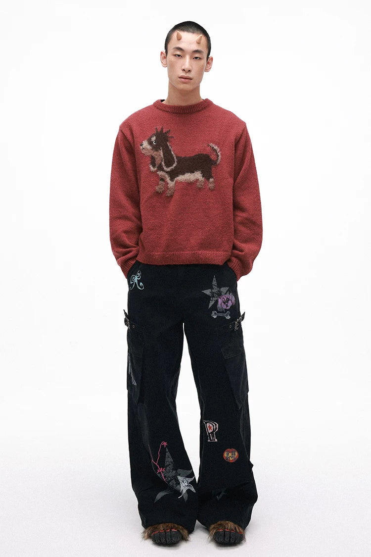 Punk Dog Faux Mink Jacquard Retro Color-Block Soft Knit Sweater