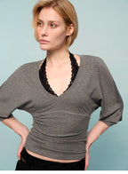 V-Neck Batwing Sleeve Waist-Cinching Knit Top