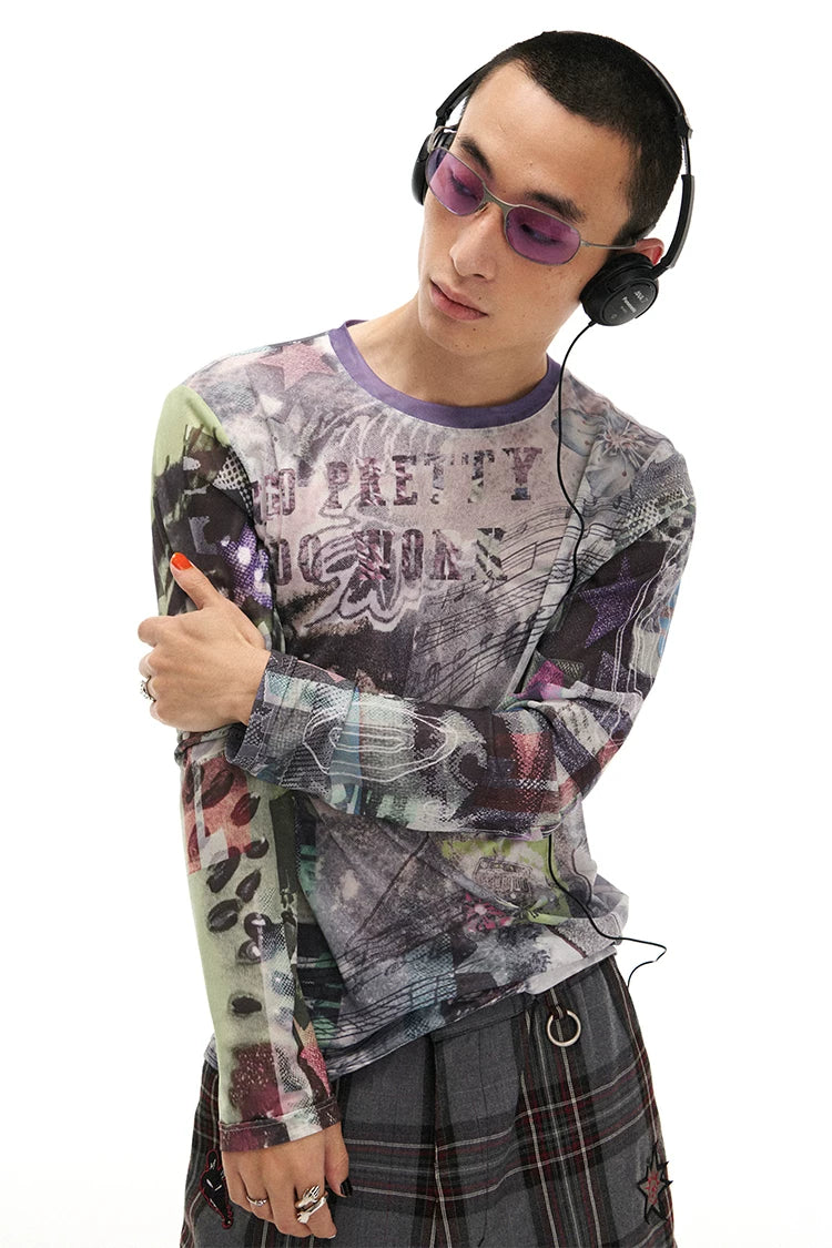 Pop Art Collage Stretch Mesh Long Sleeve Top