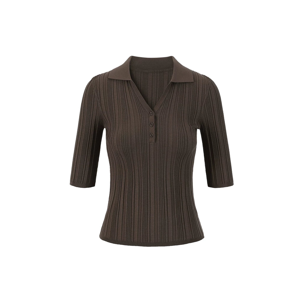 French-Inspired Ribbed Half Sleeve Polo Knit Top