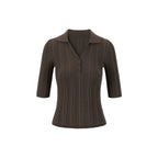 French-Inspired Ribbed Half Sleeve Polo Knit Top