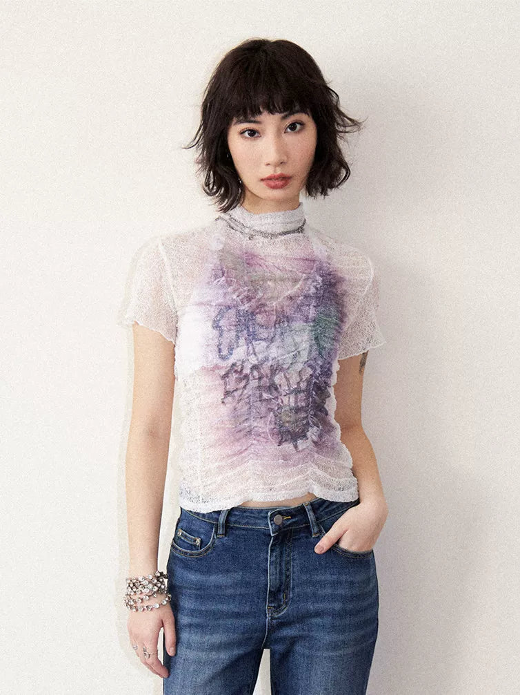 Lace Ruched Slim-Fit Printed Short Sleeve T-Shirt
