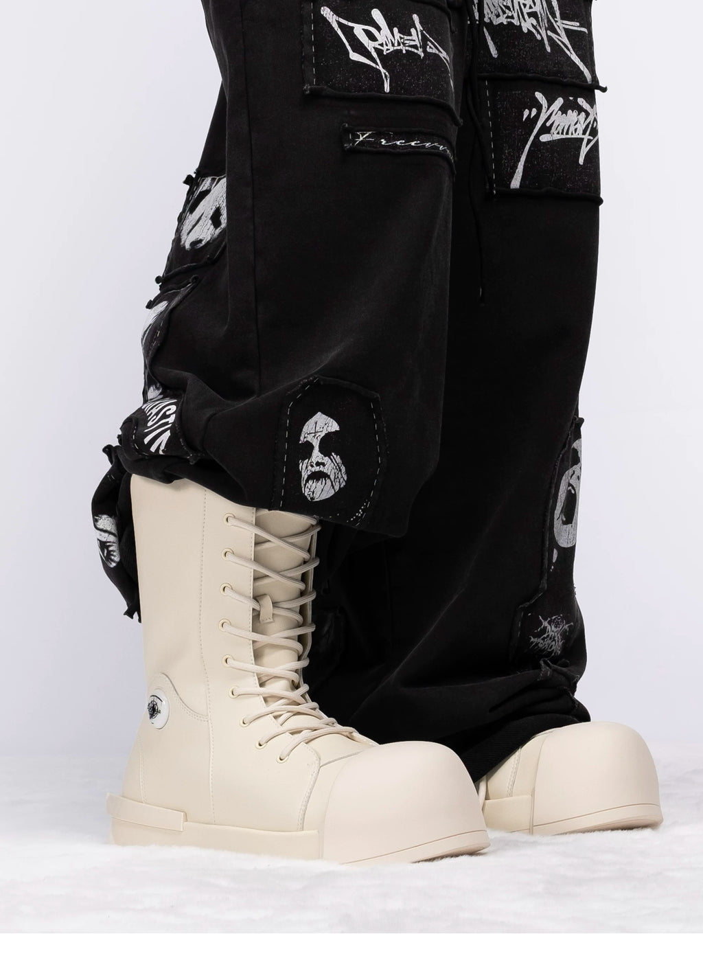R/F White Architectural Round-Toe Platform Boots