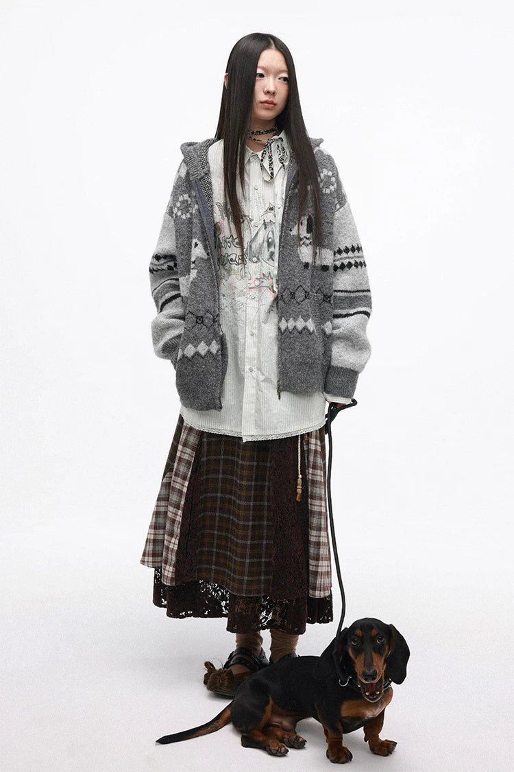 Vintage Plaid Lace Patchwork Layered Midi Skirt