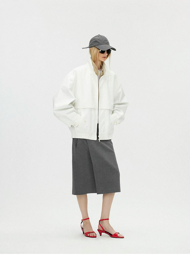 Contrast Trim Double-Placket Stand Collar Oversized Jacket