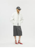 Contrast Trim Double-Placket Stand Collar Oversized Jacket