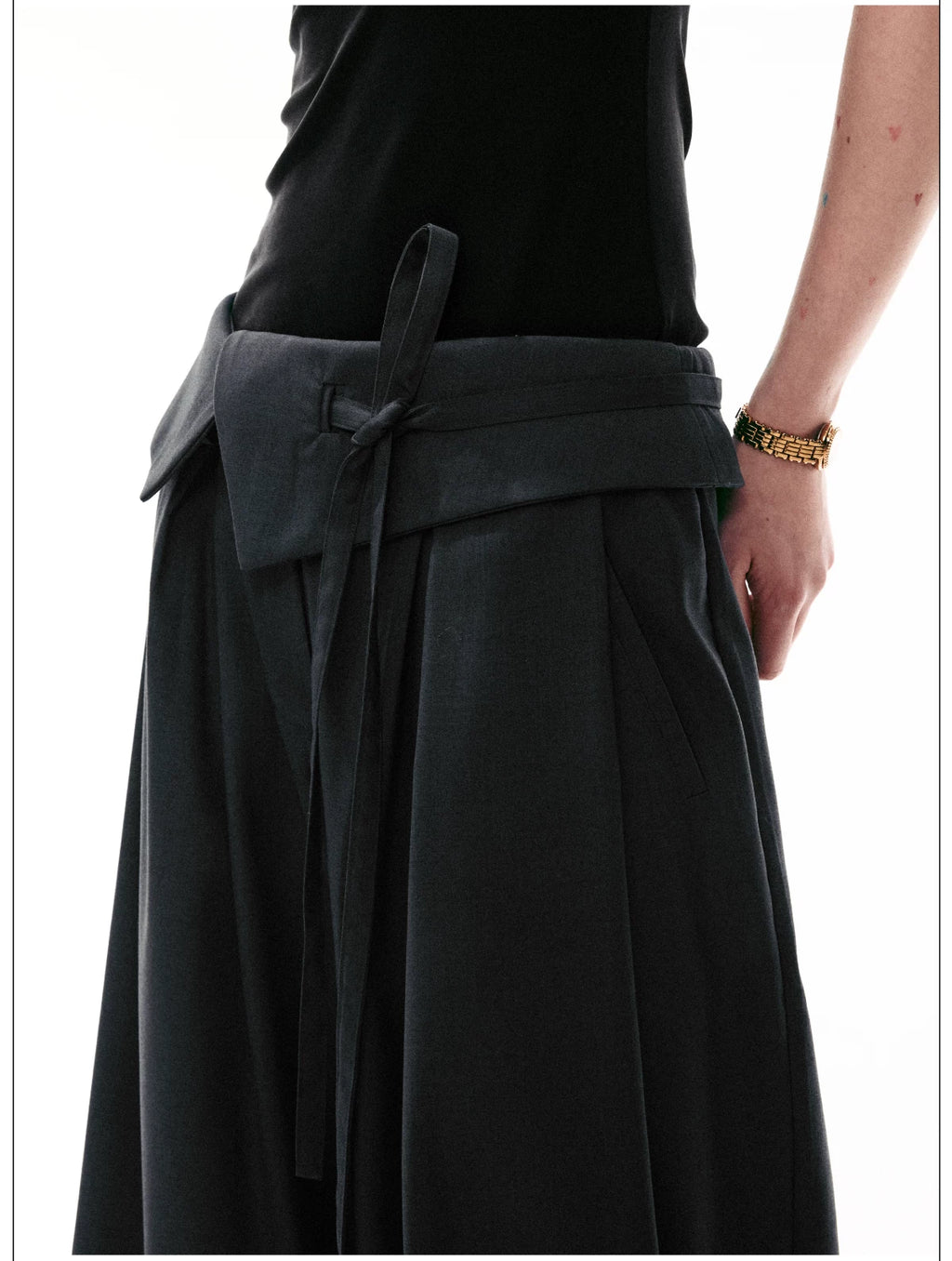 French Style Foldover Wide-Waist Tie Loose Wide-Leg Pants