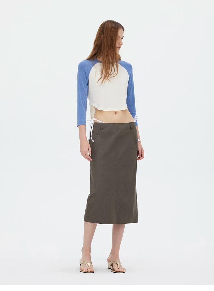 Contrast Raglan 3/4 Sleeve Curved Hem Cropped T-Shirt
