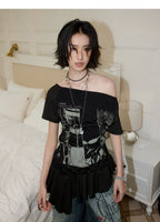 NANA Collaboration Asymmetrical Off-Shoulder Lace Hem Lace-Up Graphic T-Shirt