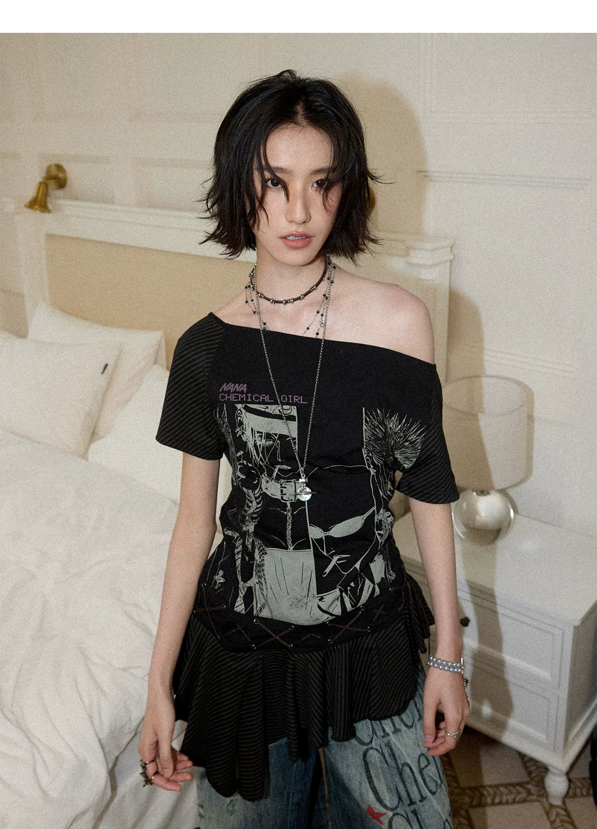 NANA Collaboration Asymmetrical Off-Shoulder Lace Hem Lace-Up Graphic T-Shirt