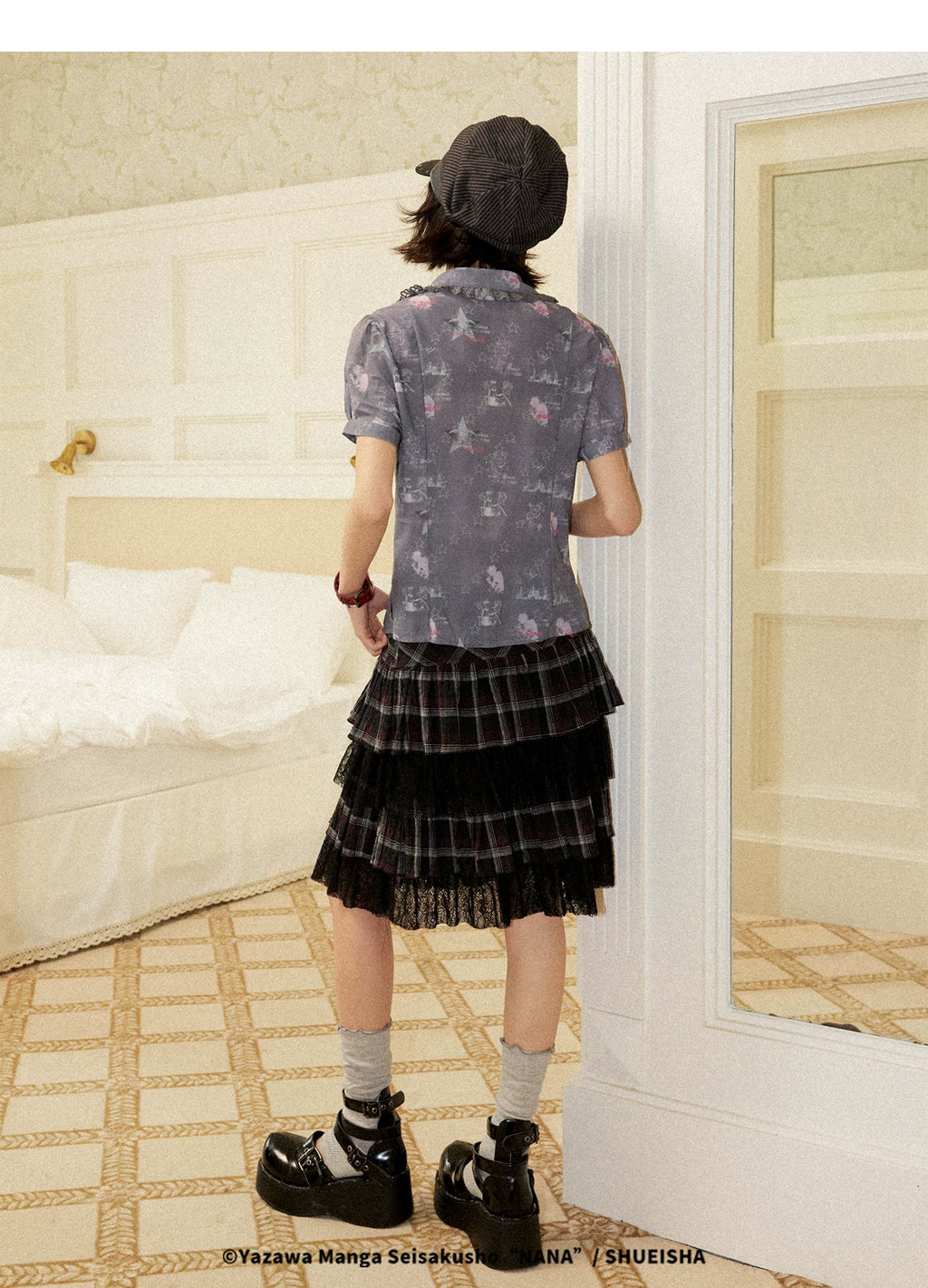 All-Over Print Lace Trim Button-Up Short Sleeve Shirt