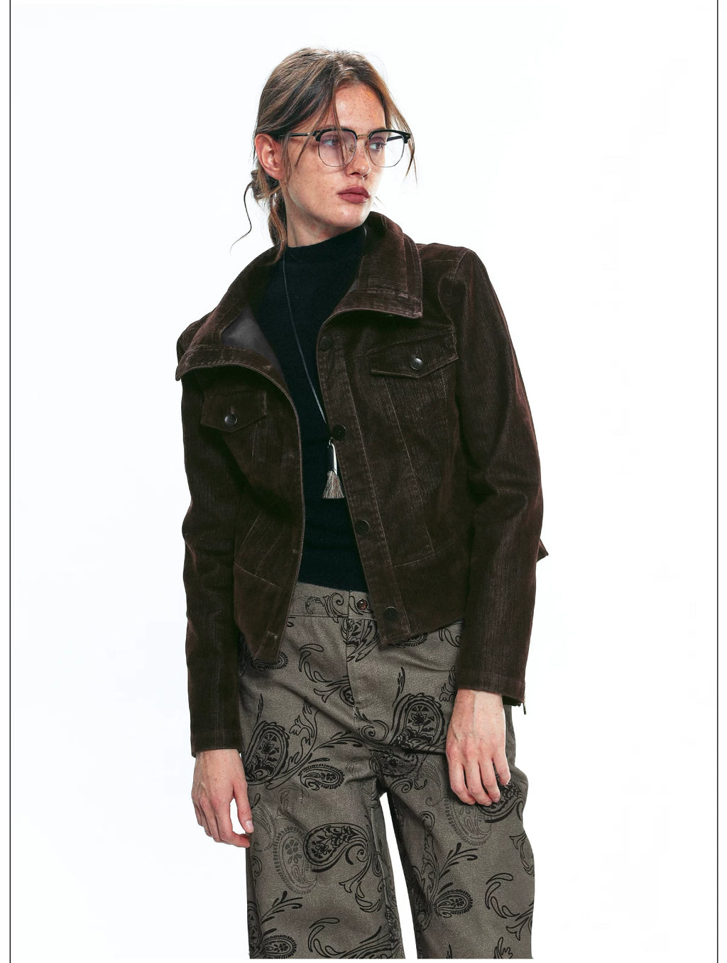 French-Inspired Vintage Flocked Twill Cropped Biker Jacket