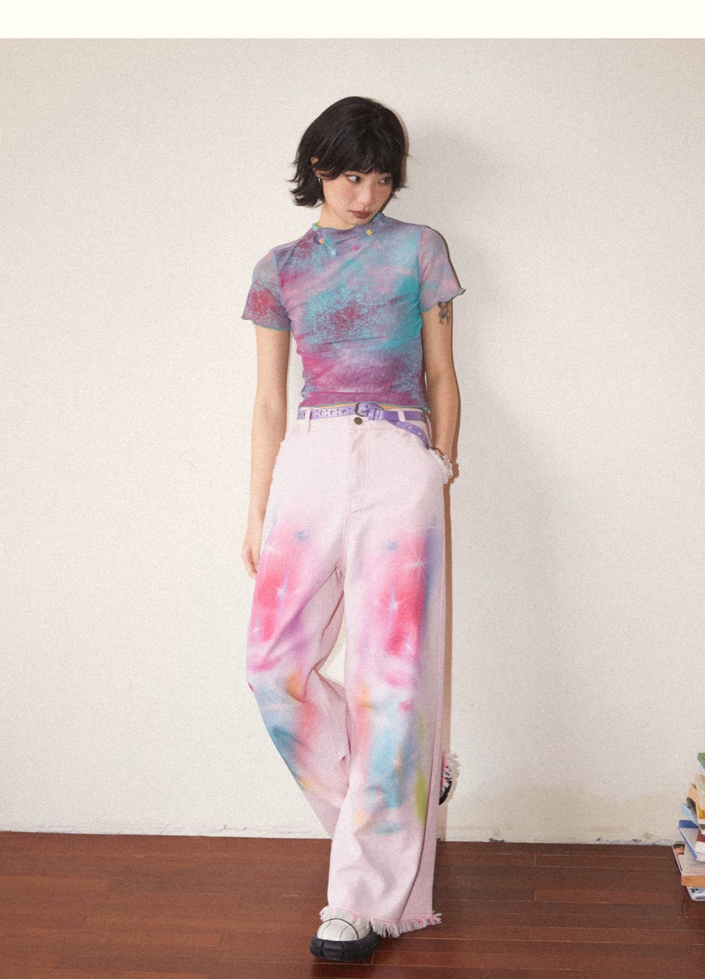 Light Pink Hand-Drawn Print Raw Hem Loose Wide-Leg Jeans
