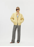 Butter Yellow Curved-Shoulder Leather Bomber Jacket