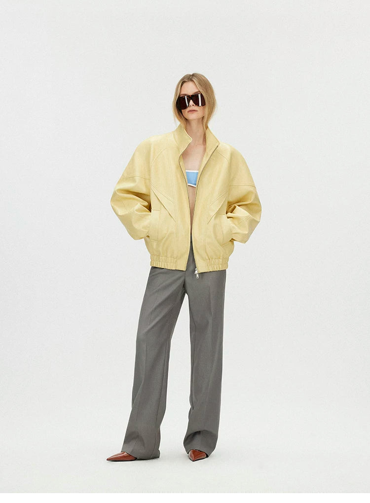 Butter Yellow Curved-Shoulder Leather Bomber Jacket