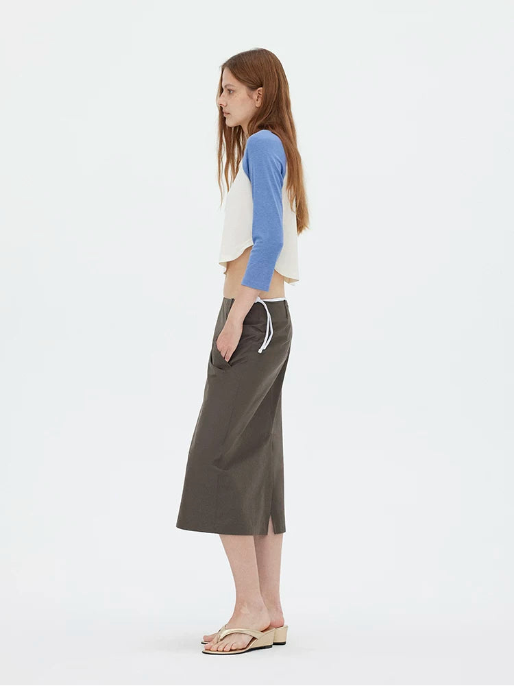 Contrast Raglan 3/4 Sleeve Curved Hem Cropped T-Shirt