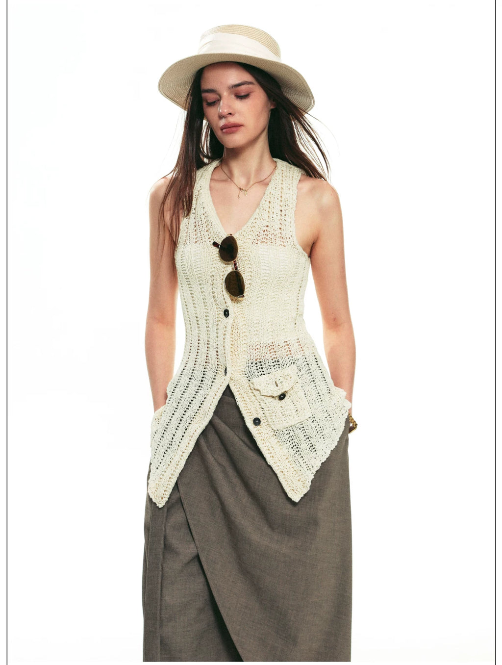 French Vintage Sleeveless Pointelle Knit Vest for Summer