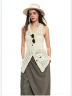 French Vintage Sleeveless Pointelle Knit Vest for Summer
