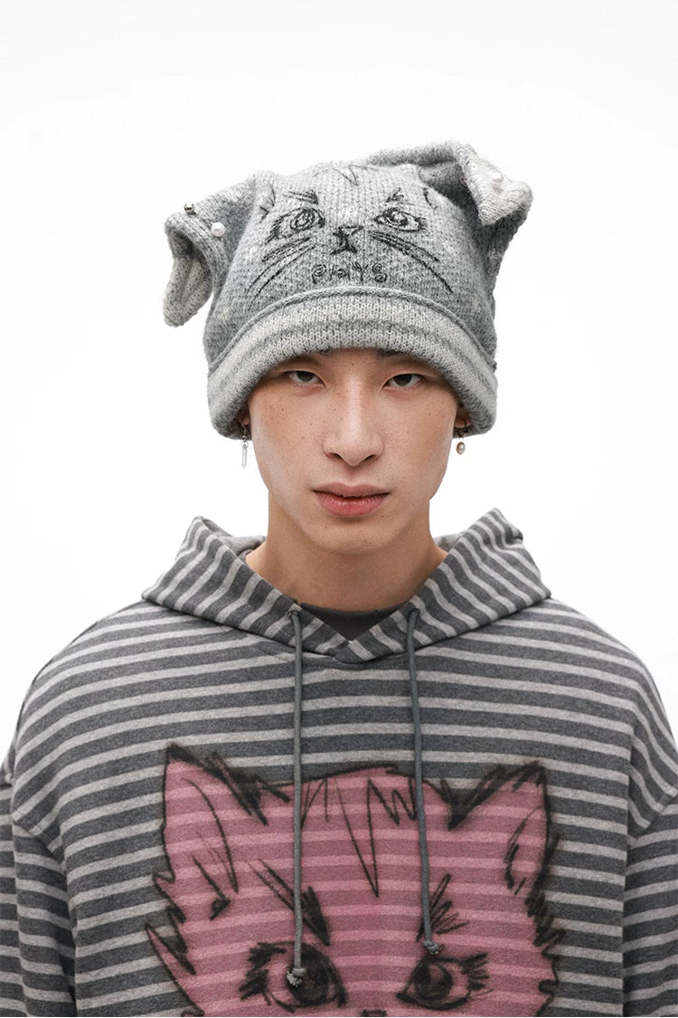 Adjustable Cat Ear Knit Hat – Soft Gold Velvet Polka Dot Beanie