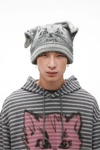 Adjustable Cat Ear Knit Hat – Soft Gold Velvet Polka Dot Beanie