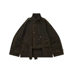 Raglan Sleeve Detachable Panel Cotton Denim Cropped Brown Trench Jacket