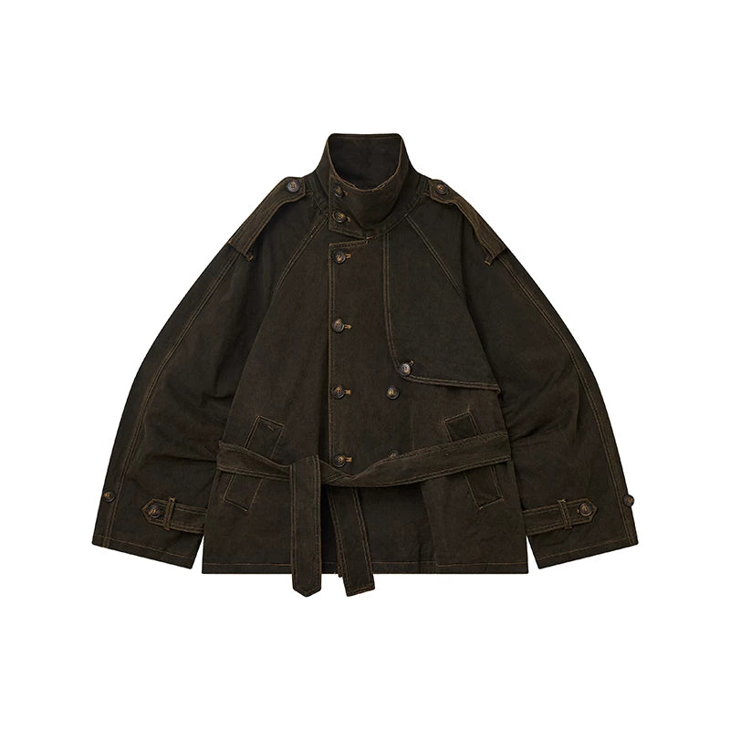 Raglan Sleeve Detachable Panel Cotton Denim Cropped Brown Trench Jacket Main image
