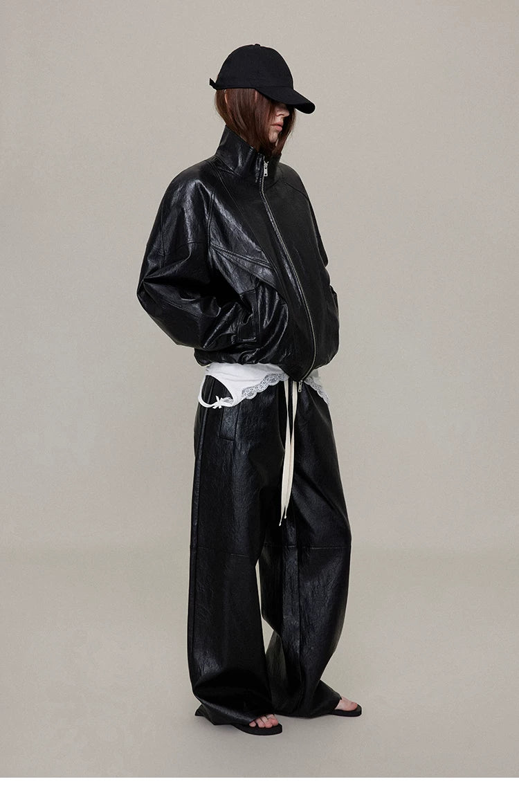 Waxed Black Leather Moto Jacket with Curved Shoulders