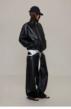 Waxed Black Leather Moto Jacket with Curved Shoulders