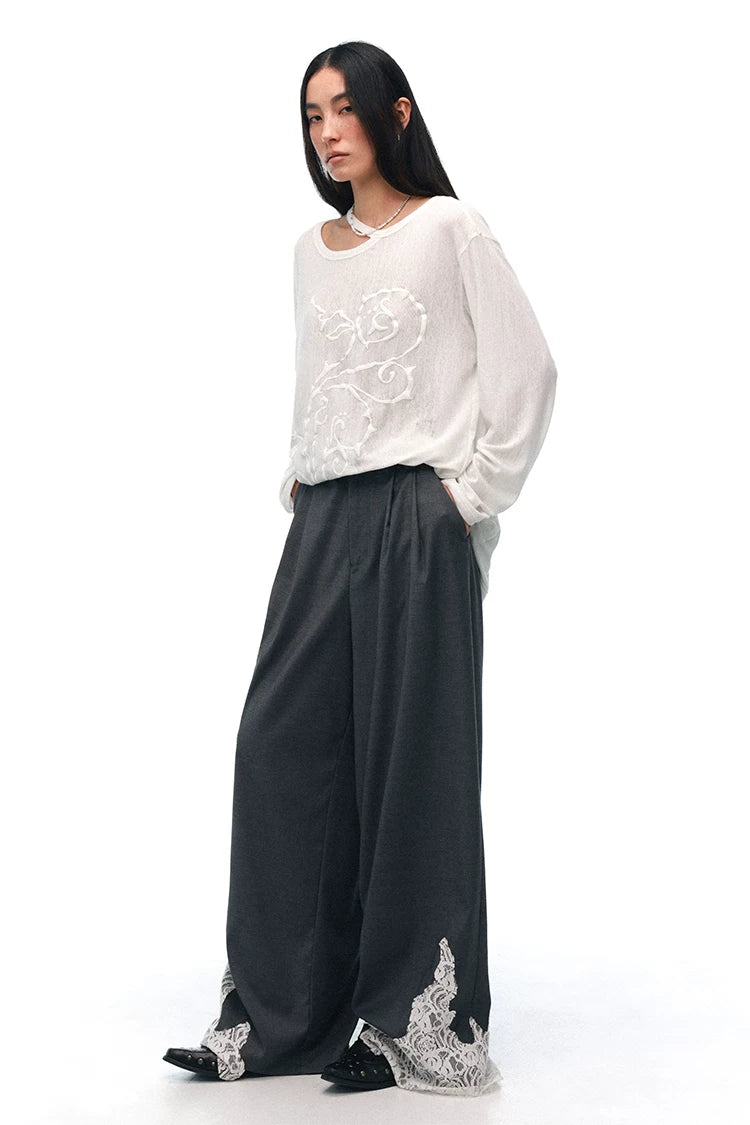 Draped Wool Trousers with Lace Patchwork