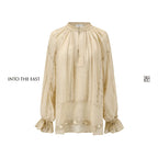 Ramie Bubble Sleeve Blouse with Woven Trim