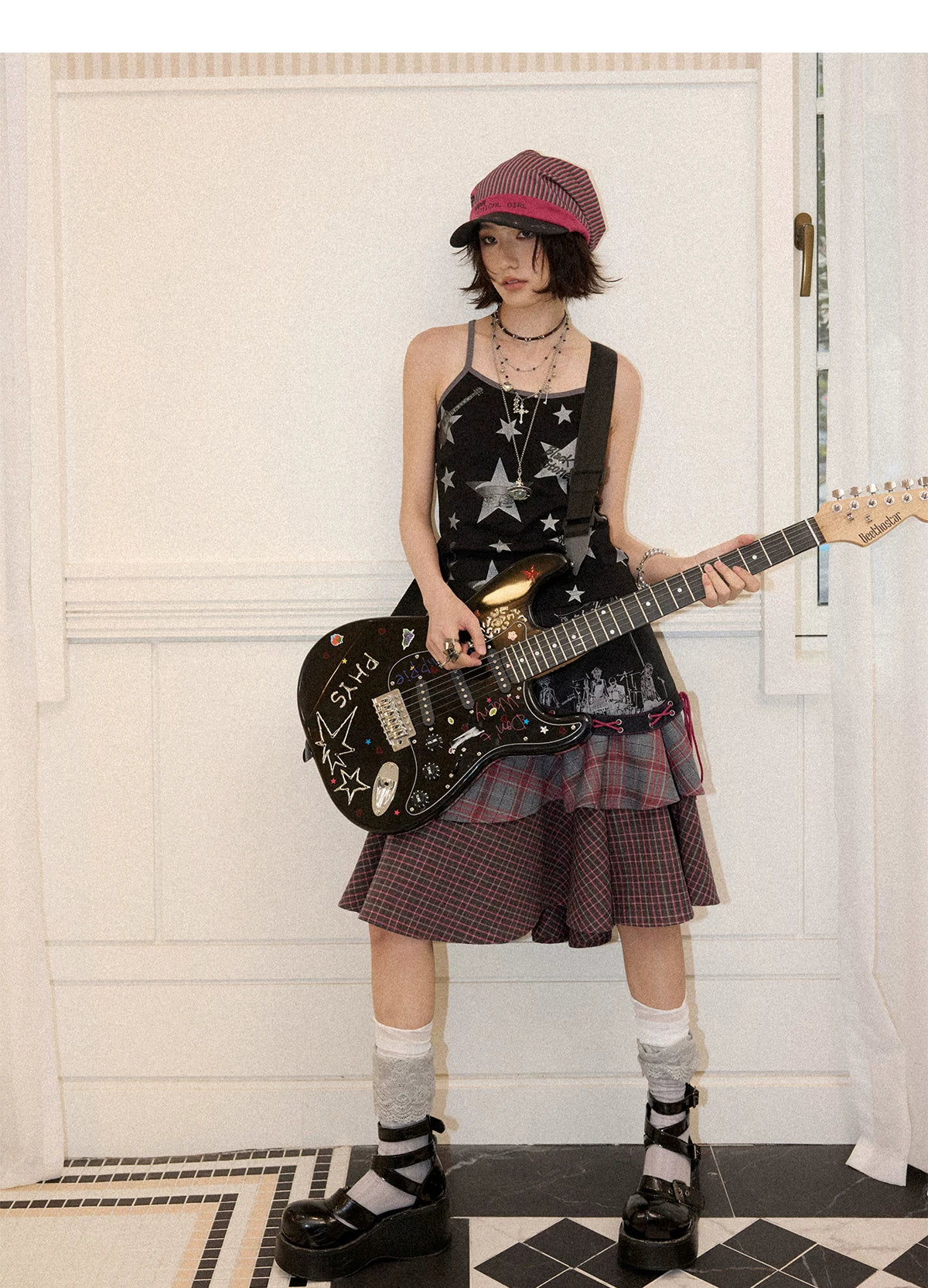 NANA Collaboration Plaid Patchwork Lace-Up Tiered Skirt