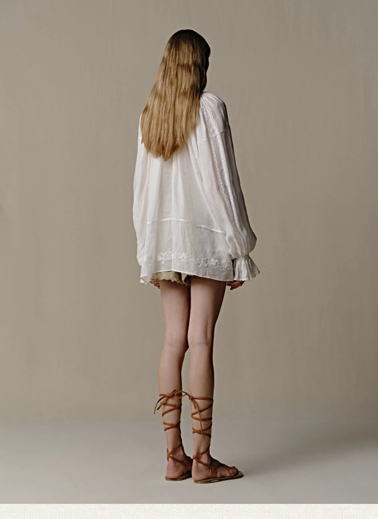 Ramie Bubble Sleeve Blouse with Woven Trim