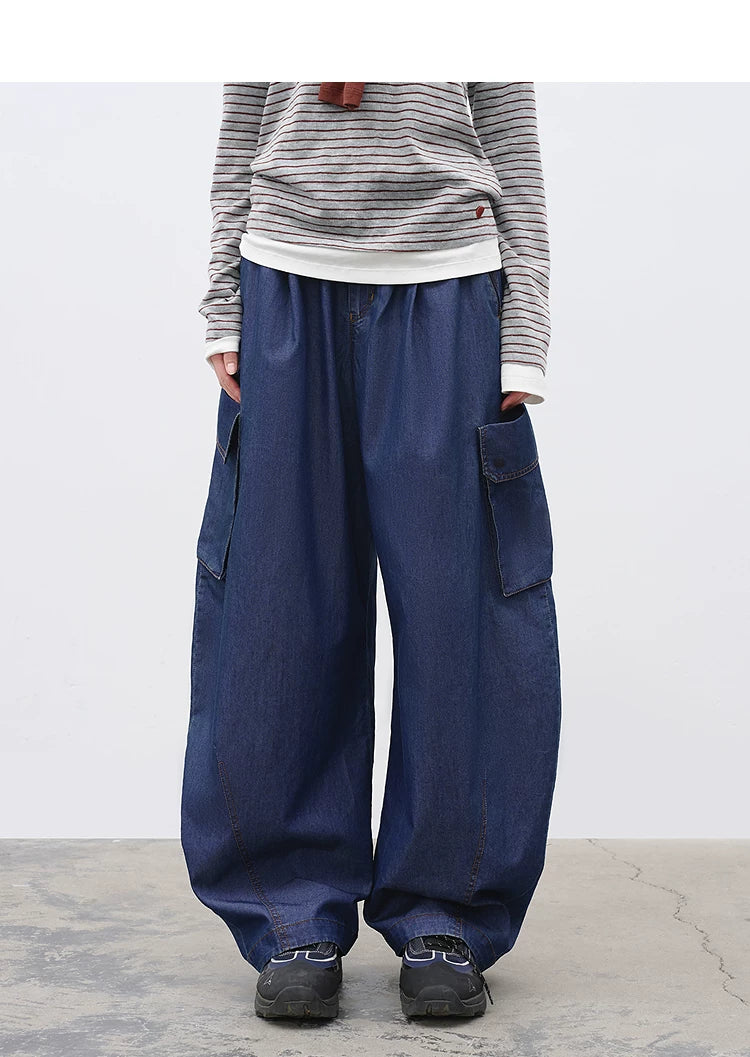 Relaxed Fit Washed Denim Curved Panel Cargo Pants – Casual Streetwear