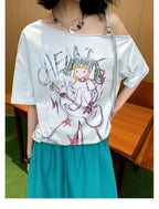 Hand-Drawn Graphic Off-Shoulder Short Sleeve T-Shirt