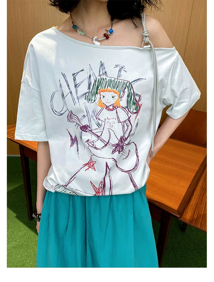 Hand-Drawn Graphic Off-Shoulder Short Sleeve T-Shirt