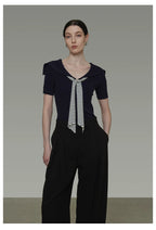 Vintage Sailor Collar Striped Knit Short Sleeve Top with Tie Detail