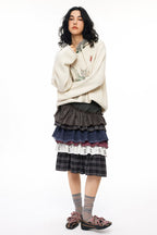 Curved Colorblock Polka Dot Pleated Midi Cake Skirt