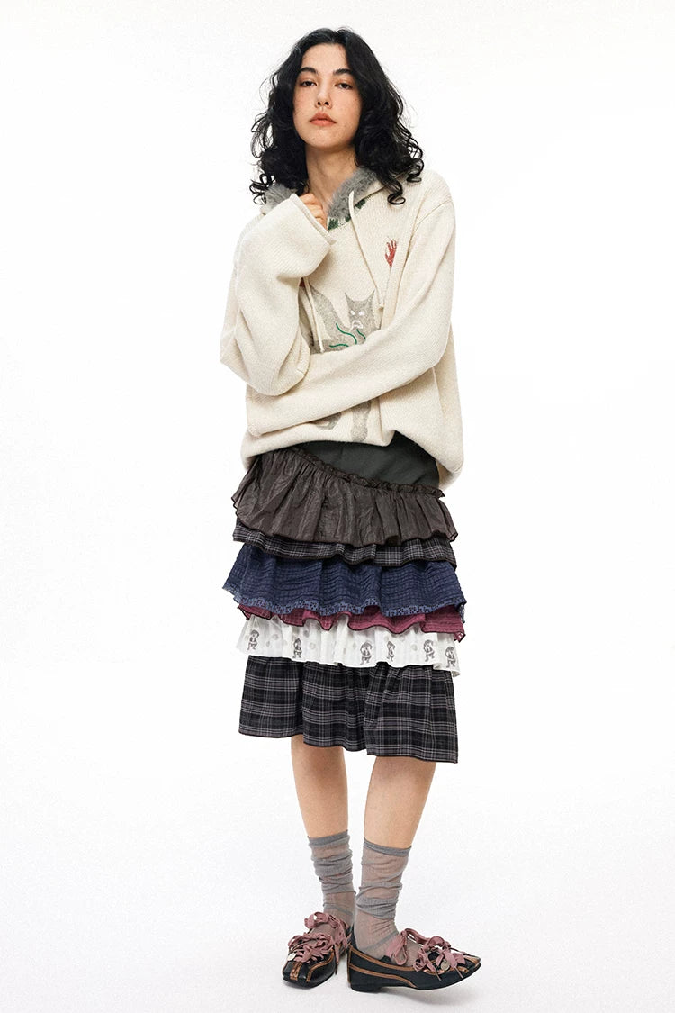 Curved Colorblock Polka Dot Pleated Midi Cake Skirt