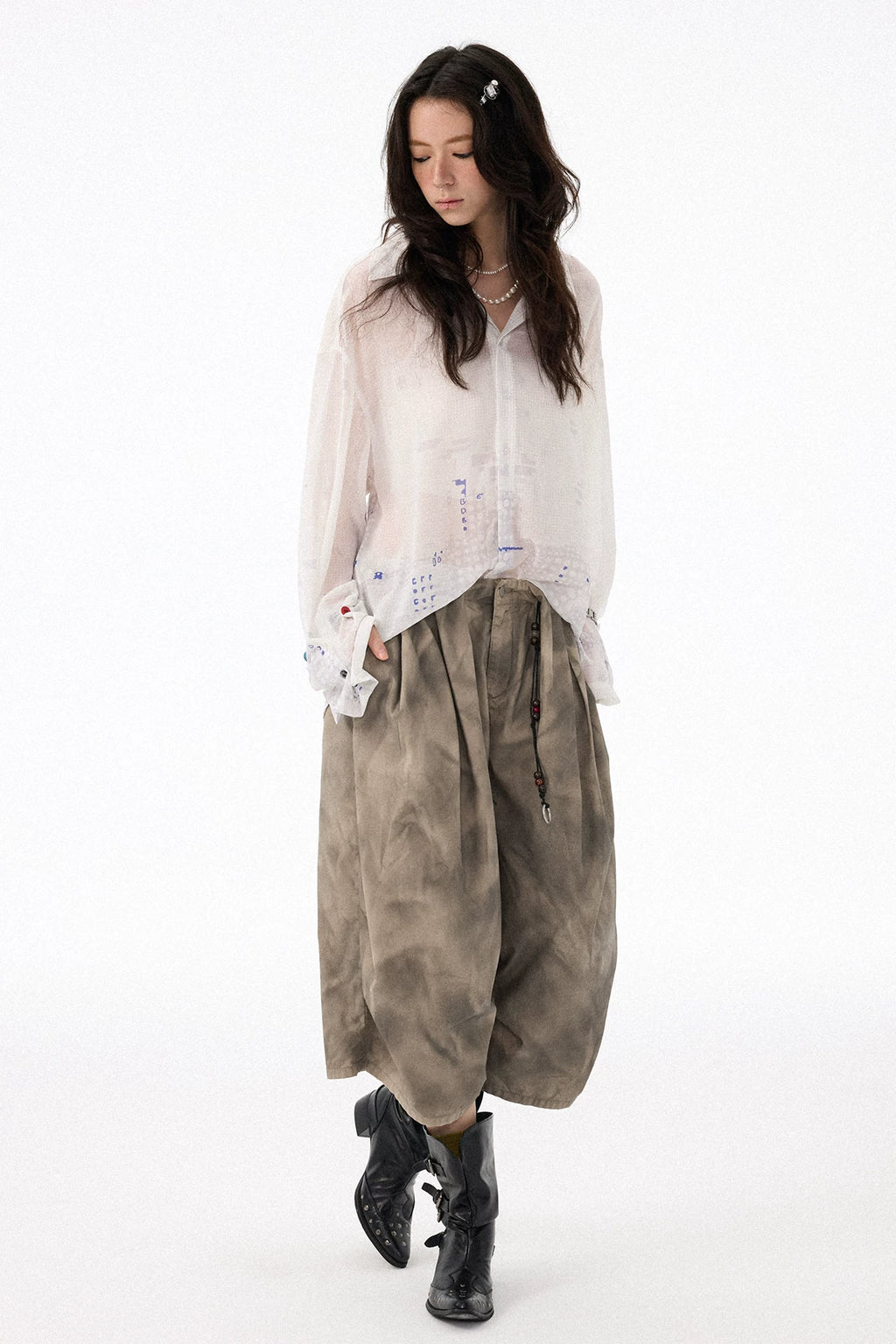All-Over Print Lightweight Semi-Sheer Crinkled White Shirt