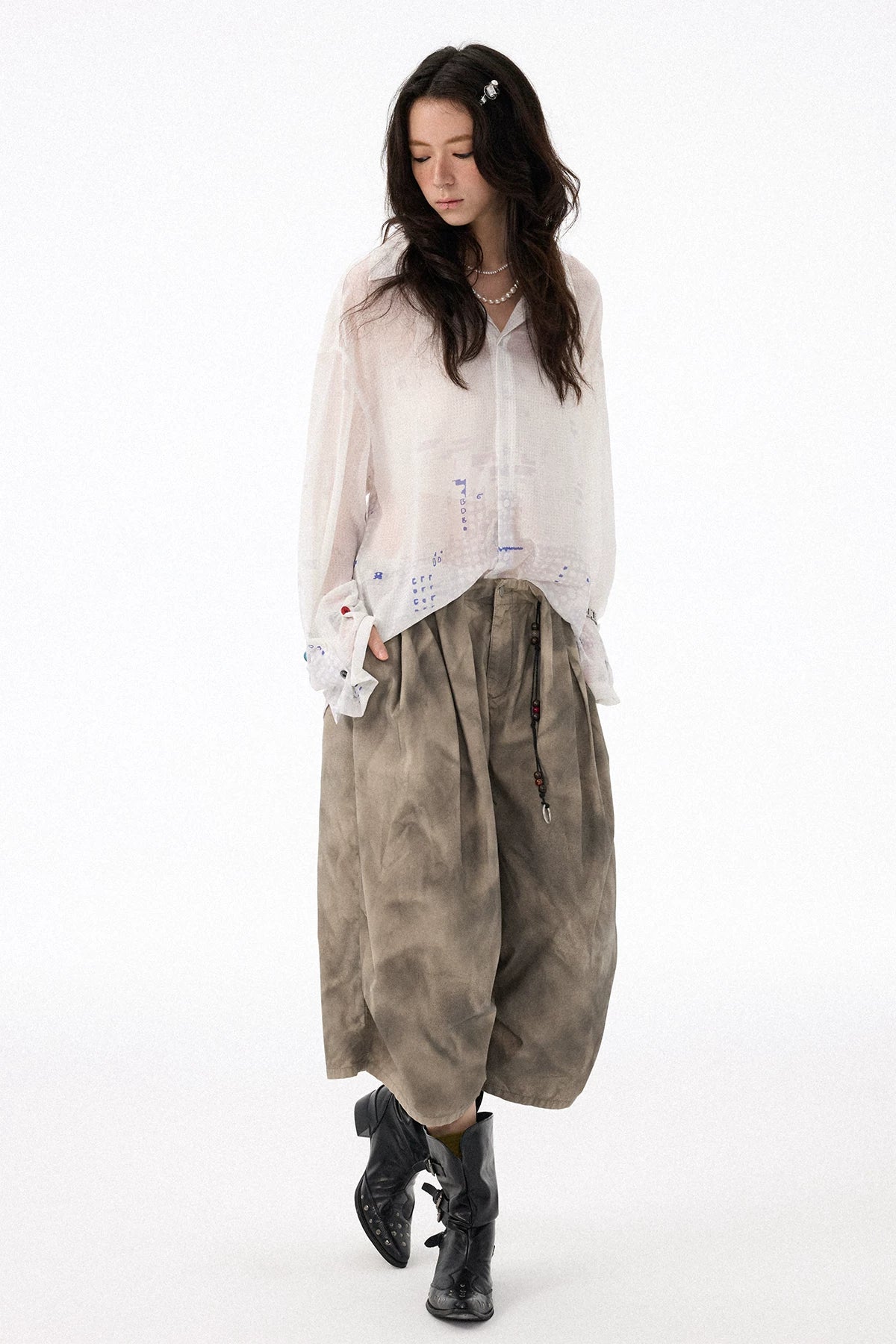 All-Over Print Lightweight Semi-Sheer Crinkled White Shirt
