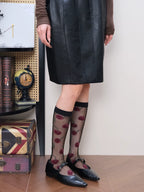 Vintage Elegant Cherry Embroidered Sheer Black Crew Socks